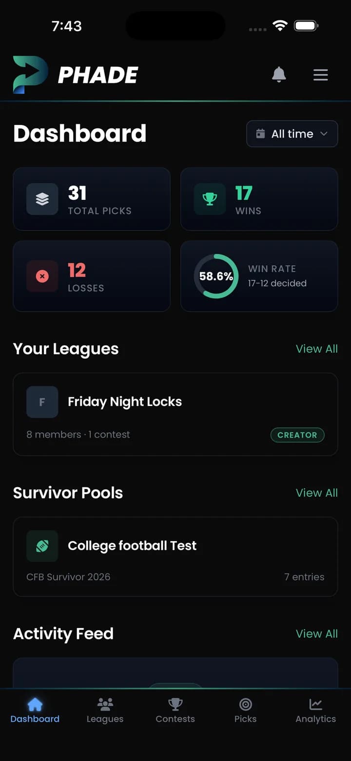 Dashboard screen showing record, leagues and pools